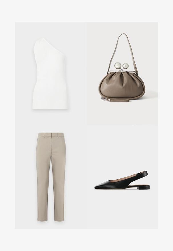 Witte, geribbelde tanktop met één schouderontwerp. Heeft een strakke pasvorm en subtiele textuur, wat een minimalistische stijl benadrukt.; MM by MaxMara EFFETTO - Broek - sand; Zwarte leren slingback platte schoen met spitse neus en lage vierkante hak op een witte achtergrond.; Grijze leren handtas met afgeronde vorm, bovenste sluiting met twee grote zilveren bollen en een enkele schouderriem.
