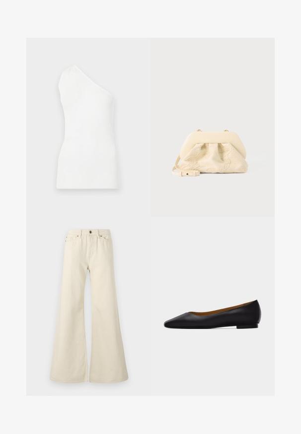 Witte, geribbelde tanktop met één schouderontwerp. Heeft een strakke pasvorm en subtiele textuur, wat een minimalistische stijl benadrukt.; Lichtbeige flared jeans van katoen. Heeft een hoge taille, vijf zakken en een knoopsluiting met contrasterende stikdetails.; Zwarte leren puntschoen met lage hak en gladde afwerking, zijaanzicht op een lichtgrijze achtergrond.; Crèmekleurige stoffen handtas met bloemrijke borduursels, zachte afgeronde bovenkant en verstelbare band, plat gelegd op een lichtgrijze achtergrond.