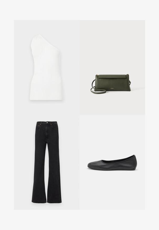 Witte, geribbelde tanktop met één schouderontwerp. Heeft een strakke pasvorm en subtiele textuur, wat een minimalistische stijl benadrukt.; Zwarte jeans met wijde pijpen en een hoge taille, gemaakt van denim. Voorzien van vijf zakken en oranje stikselaccenten. Gladde textuur met een klassieke snit.; Zwarte leren ballerina met een ronde neus, gladde textuur, minimale stikdetails en een flexibele zoolontwerp.; Donkergroene textuurleer schoudertas met klep-sluiting en dunne verstelbare schouderband, geïmbosseerd met klein gouden "Bee Projects" logo.