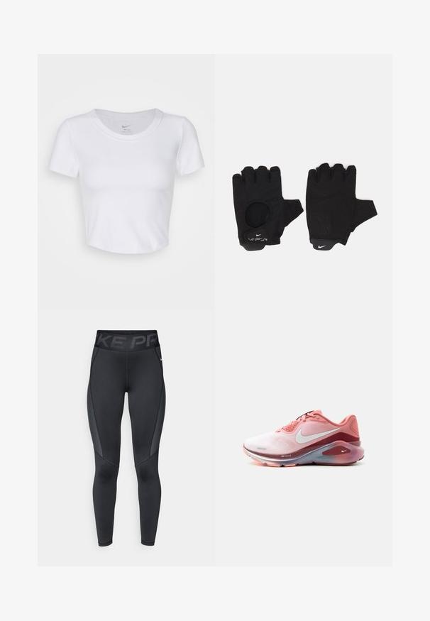Weißes, kurzärmeliges Cropped-Top aus glattem, synthetischem Material. Hat einen runden Halsausschnitt und ein Nike-Logo im Kragen.; Schwarze sportliche Leggings mit strukturiertem seitlichem Einsatz, hohem elastischem Taillenbund mit "NIKE PRO"-Markierung und figurbetonter Passform.; Pink-roter Nike Laufschuh mit weißem Swoosh-Logo, gepolsterter Sohle und Mesh-Obermaterial, von der Seite auf weißem Hintergrund gezeigt.; Schwarze fingerlose Handschuhe mit einem strukturierten Design. Hergestellt aus einem atmungsaktiven Material, mit einem Daumenloch und verstärktem Handballen für besseren Grip.