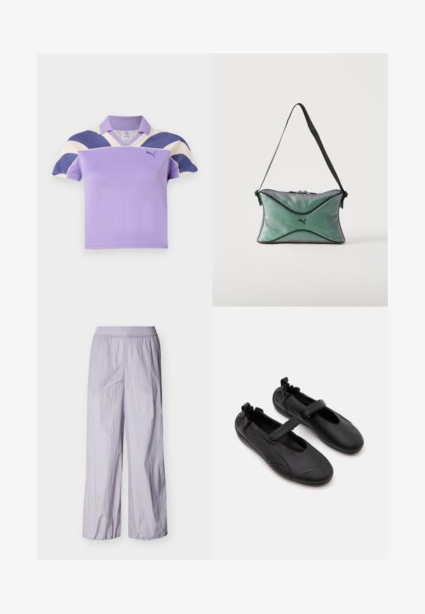 Lilla polo skjorte med krave, der har store cremefarvede og marineblå striber på skuldrene. Blødt, struktureret stof med et uformelt design.; Lyse lilla lette bukser med elastisk talje og brede ben, vist mod en ensfarvet hvid baggrund.; Par sorte læder Mary Jane-stil sko med elastisk bagpå og velcrolukning, med en diskret Puma-logo på hver tå.; Lille grøn iriserende skuldertaske med sort kant, sort justerbar rem, lynlås og Puma-logo på forsiden i midten.