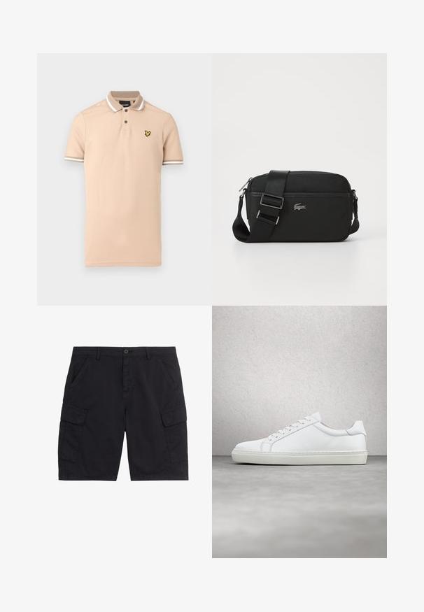 Beige poloshirt lavet af bomuld med en to-knaps lukning, hvide stribede detaljer på kraven og ærmerne, samt en gul logo på brystet.; Sorte cargoshorts med frontknap og lynlås, to sidelommer, to klaplommer og bæltestropper.; Hvide sneakers med en glat læderoverdel og lav profil. Har en rund tå, seks snørehuller og en tekstureret gummisål.; Sort crossbody taske lavet af tekstureret stof, med en lynlåslukning, justerbar rem og et sølv Lacoste-logo på fronten.