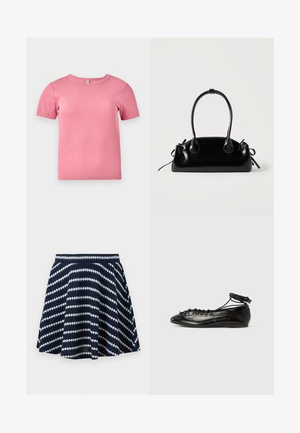 Korte mouwen roze geribbelde T-shirt gemaakt van zachte stof, met een ronde halslijn en een iets getailleerd ontwerp.; Marineblauwe gebreide rok met witte diagonale zigzagstrepen en een elastische tailleband, uitlopende silhouet.; Zwarte ballerina's van lakleer met een afgeronde neus, veterdesign en een platte zool. Glad oppervlak met minimale details.; Kleine zwarte glanzende handtas met twee lange hengsels en zijkant trekkoord details op een effen lichte achtergrond.