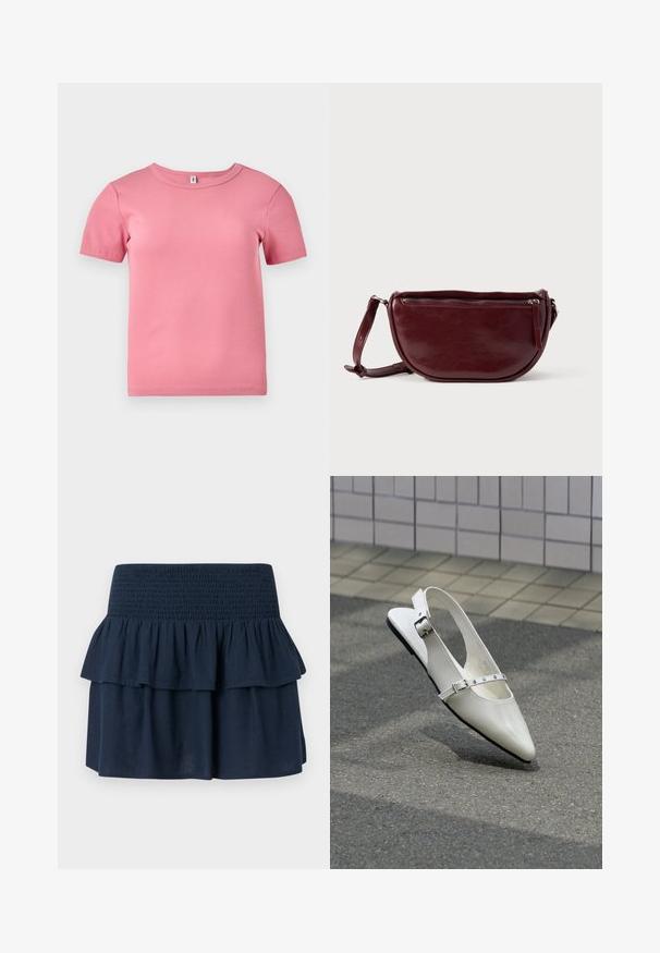 Korte mouwen roze geribbelde T-shirt gemaakt van zachte stof, met een ronde halslijn en een iets getailleerd ontwerp.; Marineblauwe minirok met brede geplooide tailleband en gelaagde ruches bovenaan.; Witte puntige slingback platte schoen met twee zilveren gespen, getoond buiten op een getextureerde ondergrond en betegelde muur als achtergrond.; Dieprode lederen handtas met een halve-maansvorm, een ritssluiting en een afneembare riem. Gladde textuur met een subtiele glans.