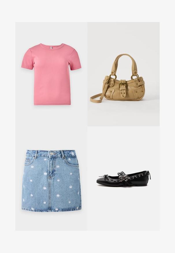 Kortærmet lyserød ribbet T-shirt lavet af blødt stof, med rund halsudskæring og en let tætsiddende pasform.; Lys blå denimskørt med hvide broderede blomsterdesigns, fem lommer og knaplukning foran, med en lige, mini-længde.; Sort flad balletsko med dobbelt spænde, sølvøjer og en lille sløjfe nær den runde tå på en hvid baggrund.; Beige læderhåndtaske med dobbelte håndtag, messing spænde og nitte detaljer samt en justerbar skulderrem mod en hvid baggrund.