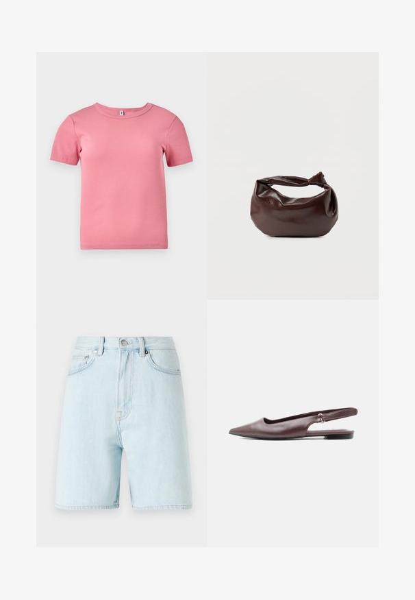 Kortærmet lyserød ribbet T-shirt lavet af blødt stof, med rund halsudskæring og en let tætsiddende pasform.; Lyseblå denimshorts med høj talje, fem-lomme design og messingknaplukning. Har diskrete syninger og rå kanten.; Bourgognefarvet spids tå slingback flad sko med lav hæl og justerbar rem på hvid baggrund.; Mørkebrun læder skuldertaske med en blød, afslappet form og et snoet knudehåndtag på en ensartet hvid baggrund.