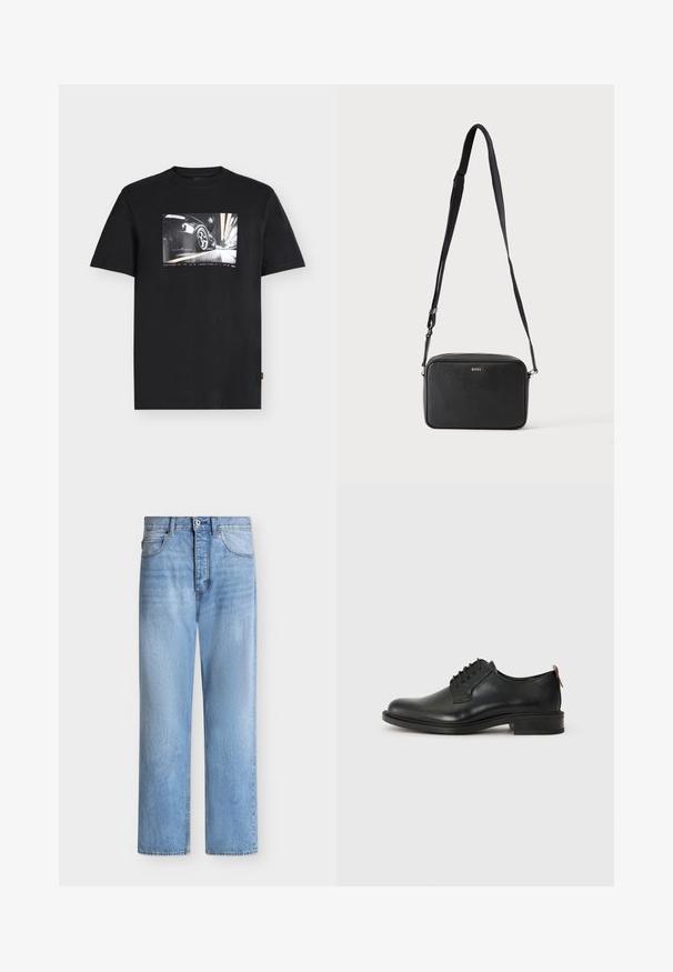 Μαύρο κοντομάνικο T-shirt με γραφικό ενός γρήγορου μαύρου σπορ αυτοκινήτου, που φαίνεται από πίσω δεξιά από το ελαστικό, στο κέντρο μπροστά.; Φωτεινό μπλε τζιν με ίσια γραμμή, κλείσιμο με κουμπί και φερμουάρ, μπροστινές και πίσω τσέπες, και θηλιές για ζώνη στη μέση.; Μαύρο δερμάτινο οξφόρδιο παπούτσι με λείο φινίρισμα, σχέδιο με κορδόνια, στρογγυλή μύτη και χαμηλό σωρευμένο τακούνι. Διαθέτει αντίθεση με κόκκινη θηλιά.; Μαύρη ορθογώνια τσάντα crossbody με ρυθμιζόμενο λουρί και λογότυπο BOSS στο μπροστινό μέρος, σε απλό ανοιχτό φόντο.