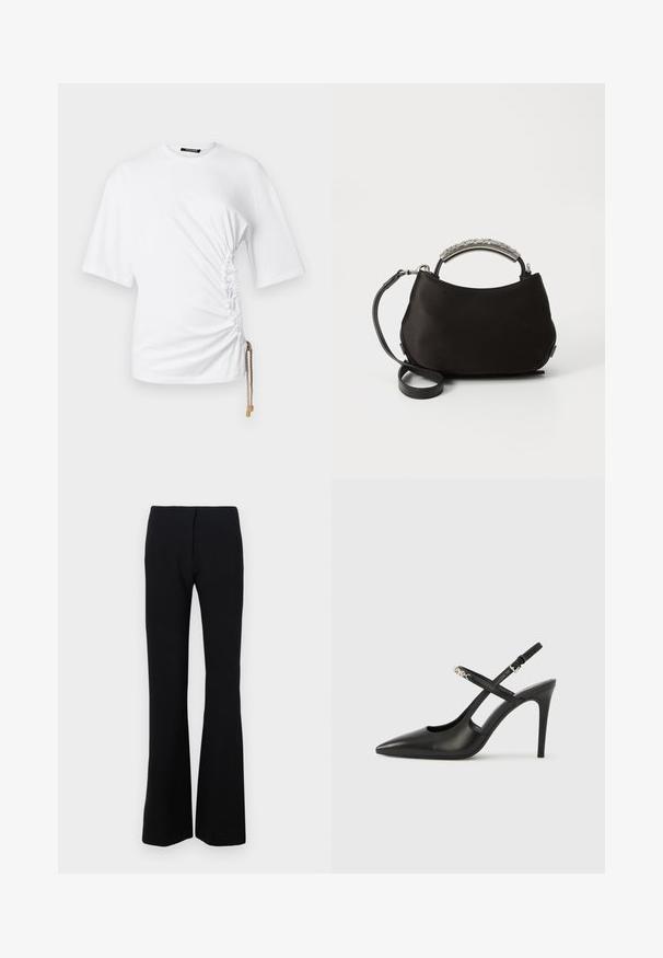 T-shirt courte blanche à manches courtes avec ruching sur les côtés et un cordon de serrage avec quincaillerie dorée pour un ajustement réglable. Tissu en coton lisse.; Pantalons noirs évasés en tissu extensible avec une texture lisse et une taille ajustée. Aucune fermeture visible ni motifs.; Escarpins slingback en cuir noir avec bout pointu, design ajouré et bride ajustable ornée de ferrures métalliques.; Sac à main en satin noir avec une poignée argentée incurvée et une bandoulière noire amovible. Texture douce et forme arrondie avec un design minimaliste.