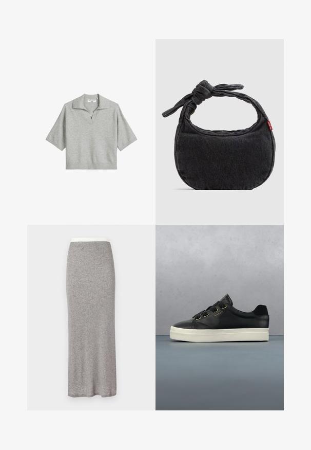Polo de manga corta en gris claro con cuello en V y dobladillo acanalado. Fabricado en tejido de punto, presenta un cuello estructurado.; Falda gris de punto hasta el suelo con una textura suave y cintura ajustada. Diseño sencillo, sin patrones visibles ni adornos.; Zapatilla deportiva de cuero negro con suela blanca y ojales dorados flotando sobre un suelo de baldosas de madera al aire libre cerca de una planta verde desenfocada.; Bolso pequeño de hombro de mezclilla negra con correa anudada y cierre de cremallera, con una etiqueta de tela roja de Levi's en el lateral.