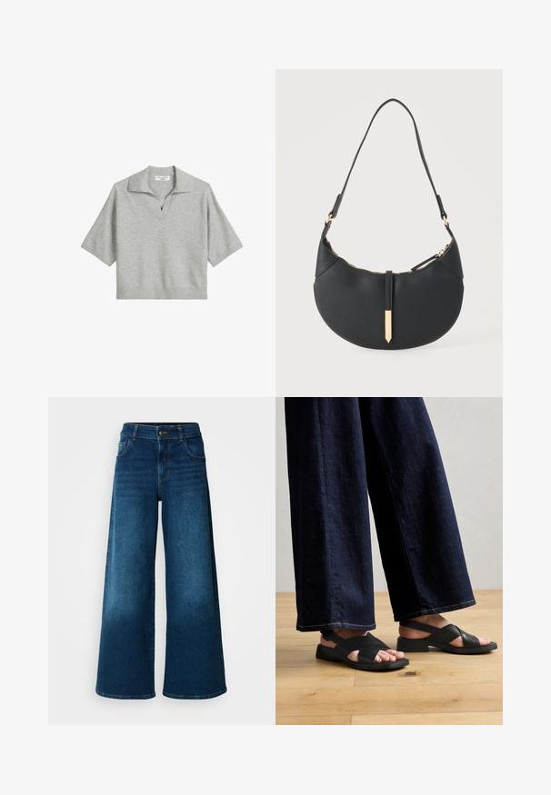 Polo de manga corta en gris claro con cuello en V y dobladillo acanalado. Fabricado en tejido de punto, presenta un cuello estructurado.; Jeans de pierna ancha hechos de denim azul oscuro. Presentan una cintura alta, cierre de botón y un diseño clásico de cinco bolsillos con un ligero desgaste.; Sandalias de cuero negro con un diseño entrecruzado, suela plana y hardware minimalista, combinadas con pantalones de mezclilla oscuros de pierna ancha.; Bolso negro en forma de media luna con una sola correa, cremallera dorada y una lengüeta decorativa rectangular dorada en la parte delantera.