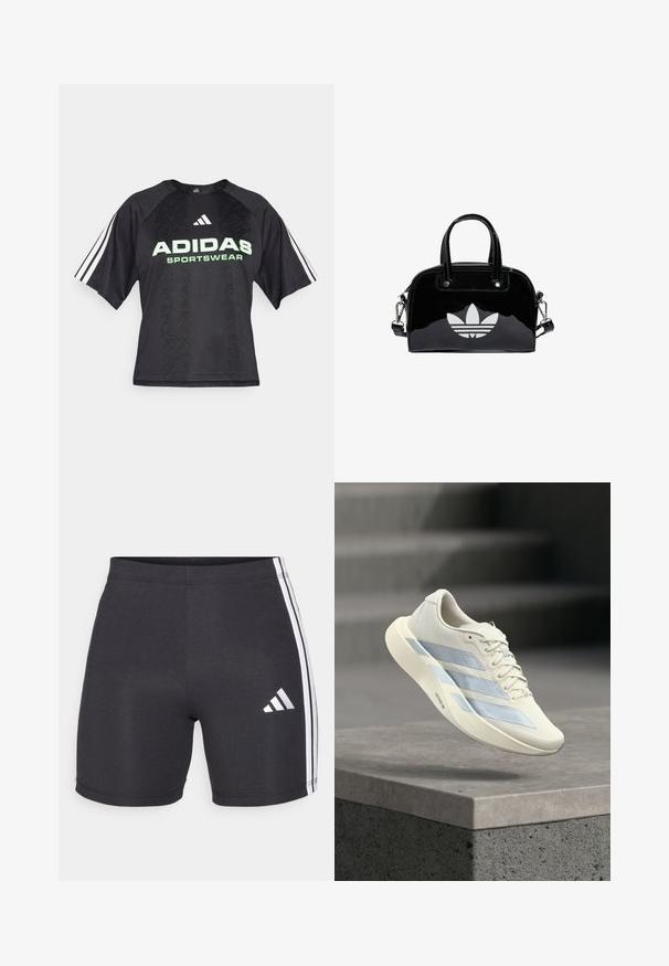 Schwarzes Sportshirt mit einem strukturierten Muster, ausgestattet mit einem grünen "ADIDAS SPORTSWEAR"-Logo und drei weißen Streifen an jedem Ärmel.; Schwarze sportliche Shorts aus dehnbarem Material, mit weißen Seitestreifen und einem Adidas-Logo am unteren rechten Bein. Glatte Textur.; Weißer Sportschuh mit blauen Streifen, Schnürsenkel gebunden, schwebt über einem Betonsims vor einem verschwommenen Treppenhintergrund.; Schwarze Handtasche aus Lackleder mit abgerundeter Form, doppelten Tragegriffen, silbernen Akzenten und einem auffälligen weißen Logo auf der Vorderseite.
