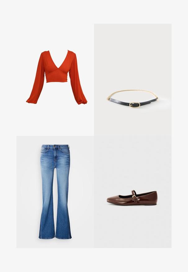 Červený dlhý rukáv, crop top s hlbokým V-výstrihom a plisovanými rukávmi. Vyrobený z mäkkej, elastickej látky s hladkou textúrou. Žiadne viditeľné vzory.; Rozšírené modré rifle z denimu s mierne zvýšeným pásom, kontrastným prešívaním a jemným vyblednutím. Klasický dizajn s piatimi vreckami a zapínaním na gombík.; Hnedé lakované baletky s hranatou špičkou a pásikom s malou zlatou prackou. Hladká textúra, nízky podpätok a minimalistický dizajn.; Čierny kožený opasok so zlatou oválnou prackou a pripevneným tenkým zlatým reťazcom na svetlom pozadí.