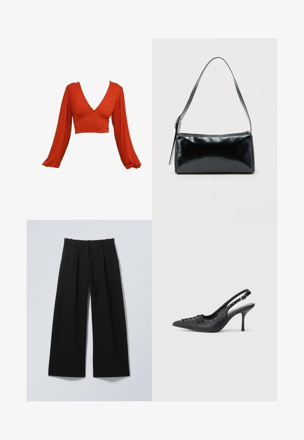 Červený dlhý rukáv, crop top s hlbokým V-výstrihom a plisovanými rukávmi. Vyrobený z mäkkej, elastickej látky s hladkou textúrou. Žiadne viditeľné vzory.; Čierne široké nohavice s opaskovými očkami, prednými skladmi a bočnými vreckami, položené na svetlom pozadí.; Čierne kožené slingback lodičky na ihličkovom podpätku s špicatou špičkou, bočným zipsom, cvokmi pozdĺž okraja a dekoračným šnurovaním na prednej strane.; Čierna obdĺžniková kabelka na rameno s jedným nastaviteľným remienkom a horným zipsom na jednofarebnom pozadí.