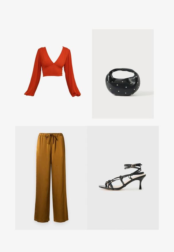 Červený dlhý rukáv, crop top s hlbokým V-výstrihom a plisovanými rukávmi. Vyrobený z mäkkej, elastickej látky s hladkou textúrou. Žiadne viditeľné vzory.; Hnedé saténové nohavice s širokými nohavicami, elastickým pásom a sťahovacou šnúrkou. Hladká textúra a dizajn po celú dĺžku s voľným strihom.; Čierne lakované kožené sandále na vysokom podpätku s popruhovým dizajnom, nastaviteľným členkovým popruhom a uzlovými detailmi. Hladký povrch, špicatá špička.; Čierna kožená kabelka s zaobleným tvarom, zdobená striebornými cvočkami a krátkym rúčkou. Hladká textúra a zapínanie na zips.