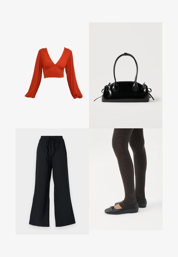 Rød langærmet cropped top med dyb V-udskæring og plisserede ærmer. Lavet af et blødt, strækbart stof med en glat tekstur. Ingen synlige mønstre.; Sorte breddebenede bukser lavet af letvægtsstof, med en elastisk talje med snor og en glat tekstur.; Ben iført mørke ribbede leggings kombineret med sorte balletsko med små sløjfedetaljer på hvid baggrund.; Lille sort blank håndtaske med to lange håndtag og snøre-detaljer i siden på en ensfarvet lys baggrund.