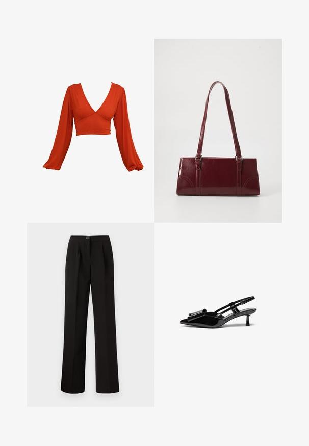Rød langærmet cropped top med dyb V-udskæring og plisserede ærmer. Lavet af et blødt, strækbart stof med en glat tekstur. Ingen synlige mønstre.; Sorte bukser med lige ben, der har frontfolder, knaplukning og et glat, struktureret stof.; Sorte patenterede læderslingbacks med spids tå, en sløjfedetalje foran og en lille stilettohæle. Remmene har justerbare spænder.; Bordeaux håndtaske lavet af glansfuldt materiale, rektangulær form, med to skulderremme og subtile buede detaljer på forsiden.