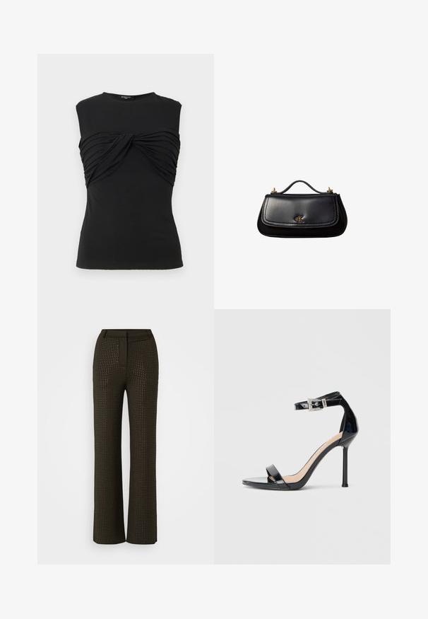 Débardeur noir sans manches avec un détail en tissu torsadé et froncé sur la poitrine et un col rond.; Pantalons larges en marron foncé avec un motif texturé de petits découpes. Présente une taille cintrée et un design sans couture pour une apparence élégante.; Sandale à talon haut en cuir verni noir avec bride à la cheville. Présente un design minimaliste, un bout ouvert et une boucle ornée de strass.; Sac à main en cuir noir avec une petite poignée, logo "cK" doré sur le rabat avant, et accessoires dorés.