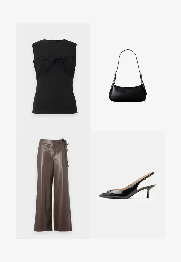 Débardeur noir sans manches avec un détail en tissu torsadé et froncé sur la poitrine et un col rond.; Pantalons larges en simili cuir marron avec taille haute et détail de lien sur le côté, sur fond blanc.; Escarpin slingback en cuir verni noir avec bout pointu, petit talon kitten et bride à boucle argentée sur fond blanc uni.; Mini sac à bandoulière en cuir noir avec une fine bandoulière et un petit logo CK doré au centre avant.