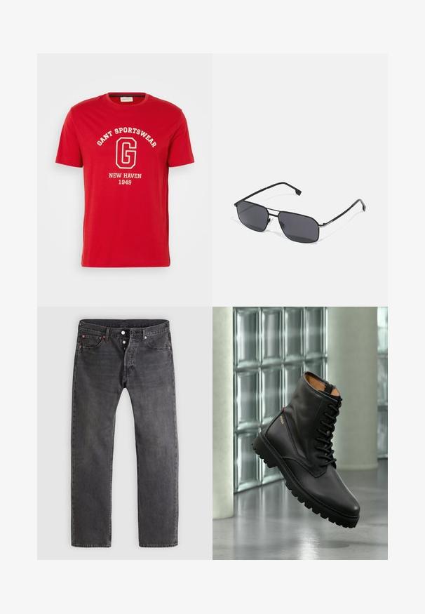 Κόκκινο κοντομάνικο T-shirt από βαμβάκι, με λευκή εκτύπωση του κειμένου "GANT SPORTSWEAR" και "NEW HAVEN 1949" σε κλασική γραμματοσειρά.; Ξεθωριασμένο τζιν από μαύρο denim με ίσια γραμμή στο πόδι, κουμπωτό φερμουάρ και χάλκινα καρφιά. Διαθέτει πέντε τσέπες και διακριτικά σημάδια φθοράς.; Μαύρο δερμάτινο μποτάκι μάχης με κορδόνια και χοντρή σόλα, χρυσλό λογότυπο "HUGO" στην πλευρά, εκτεθειμένο σε σύγχρονο εσωτερικό χώρο με φόντο τοίχο από γυάλινα τούβλα.; Μαύρα γυαλιά ηλίου με ορθογώνιο σκελετό, τζάμια με φίλτρο, και λεπτά μεταλλικά χερούλια. Διαθέτουν διακριτές ασημένιες λεπτομέρειες στον σκελετό.
