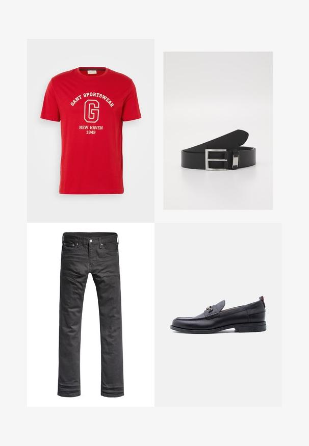 Κόκκινο κοντομάνικο T-shirt από βαμβάκι, με λευκή εκτύπωση του κειμένου "GANT SPORTSWEAR" και "NEW HAVEN 1949" σε κλασική γραμματοσειρά.; Μαύρα τζιν παντελόνια με κλασικό ίσιο σχέδιο. Διαθέτουν μπροστινές τσέπες, κουμπωτό φερμουάρ και διακριτές ραφές.; Μαύρο δερμάτινο μοκασίνι με γκρι υφή κοψίματος, ασημένια μεταλλική αγκράφα, μικρό τακούνι και θηλιά στην πίσω πλευρά.; Μαύρη δερμάτινη ζώνη με κομψή, λεία υφή, διαθέτει ασημένια μεταλλική πόρπη και διακριτική λεπτομέρεια με λογότυπο.