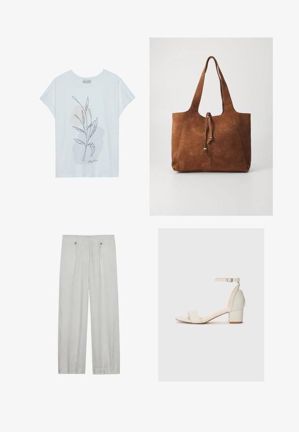 White short-sleeved T-shirt with a leaf outline design in black and soft beige abstract shapes. "Plant love" text at the bottom.; Light gray, wide-leg trousers made from a soft fabric. Features two front pleats, two button closures, and a smooth texture.; White leather heeled sandals with a single front strap, ankle buckle, and a block heel. Smooth texture and minimalist design.; Brown suede tote bag with two long handles, drawstring closure, and smooth texture. Features simple design and minimal accents.