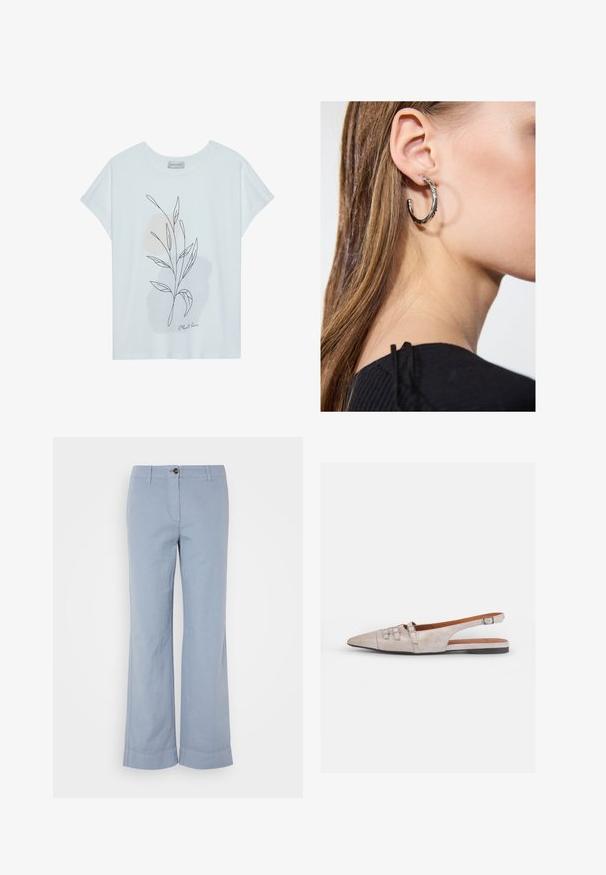 White short-sleeved T-shirt with a leaf outline design in black and soft beige abstract shapes. "Plant love" text at the bottom.; Light blue linen trousers with a straight leg, button closure, and turn-up hem. Smooth texture, designed for casual wear.; Light beige slingback shoe with a pointed toe, a soft suede texture, featuring two decorative buckles and a low, flat heel.; Silver hoop earring with a polished finish, featuring small gold accent details and a round shape, worn on the lobe.