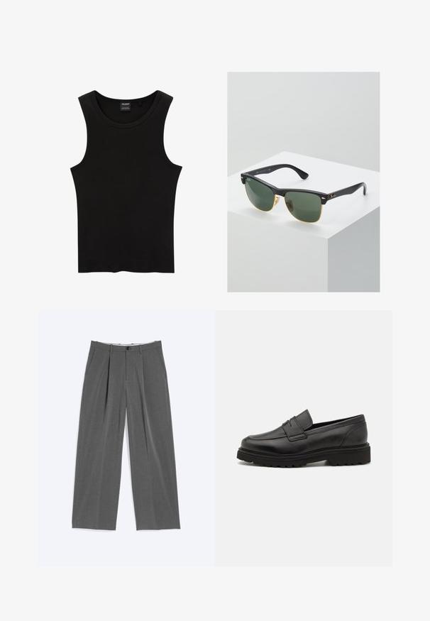 Schwarzes, geripptes Tanktop mit rundem Halsausschnitt und weiten Armausschnitten, aus einem weichen, dehnbaren Stoff. Marke: Pull&Bear.; Graue Hose mit weitem Bein, dünnen vertikalen Nadelstreifen, Vorderfalten, Seitentaschen, Gürtelschlaufen und Knopfverschluss an der Taille.; Schwarze Lederloafer mit runder Zehenpartie, genähten Details und einer dicken, strukturierten Sohle. Verfügt über ein schlankes, minimalistisches Design.; Ray-Ban Sonnenbrillen mit grünen Gläsern, schwarzen Kunststoffrahmen und goldenen Akzenten an den Rändern. Quadratische Form mit matter Oberfläche.