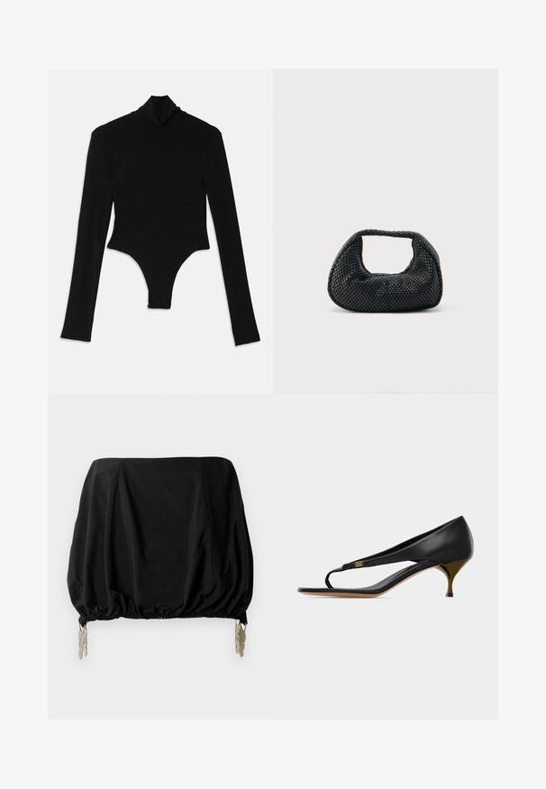 Sort langærmet bodysuit lavet af strækbart stof, med en høj mock neck og en tætsiddende design med thong bund.; Sort cropped top med en samlede design, med elastisk kant og metalliske clips som detaljer. Fremstillet af et letvægtsstof.; Sort læderkilesandal med tynd tårem og guldemblem-detalje på siden.; Sort flettet hobo-taske med blød struktur og integreret håndtag, vist på en ensfarvet lys baggrund.