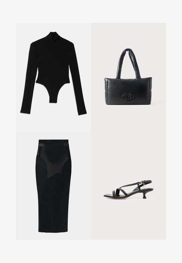Bodysuit noir à manches longues en tissu extensible, avec un col montant et une coupe ajustée, doté d'un bas string.; Jupe crayon noire taille haute avec détails de panneaux cousus et deux petites boucles dorées à la taille.; Sandale noire en cuir à brides fines, talon bas kitten, boucle à la cheville et petit pendentif doré sur fond clair uni.; Sac à main rembourré rectangulaire noir avec deux poignées rembourrées et un logo embossé central sur le panneau avant.