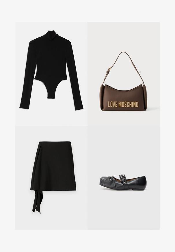 Sort langærmet bodysuit lavet af strækbart stof, med en høj mock neck og en tætsiddende design med thong bund.; Sort nederdel med et strømlinet design, der har en bindedetalje i siden, glat tekstur og en draperet silhuet. Fremstillet af letvægtsstof.; Sorte flade sko i læder med rund tå, der har en fletdetalje på forsiden og sølvfarvede metaldele på overdelen.; Brun Love Moschino håndtaske med gyldent bogstav og justerbar skulderrem på neutral baggrund.