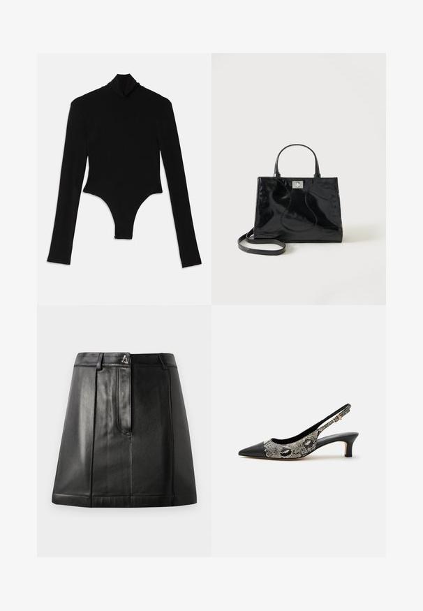 Bodysuit noir à manches longues en tissu extensible, avec un col montant et une coupe ajustée, doté d'un bas string.; Jupe en cuir noir avec une forme structurée, dotée d'une poche avant et d'un accent métallique à la taille. Texture lisse et détails de couture.; Chaussure slingback noire à bout pointu avec petit talon kitten et empeigne effet peau de serpent, ornée d'une petite boucle dorée sur la bride.; Sac à main en cuir verni noir avec poignées arrondies, bandoulière détachable et fermeture à boucle argentée sur fond blanc uni.