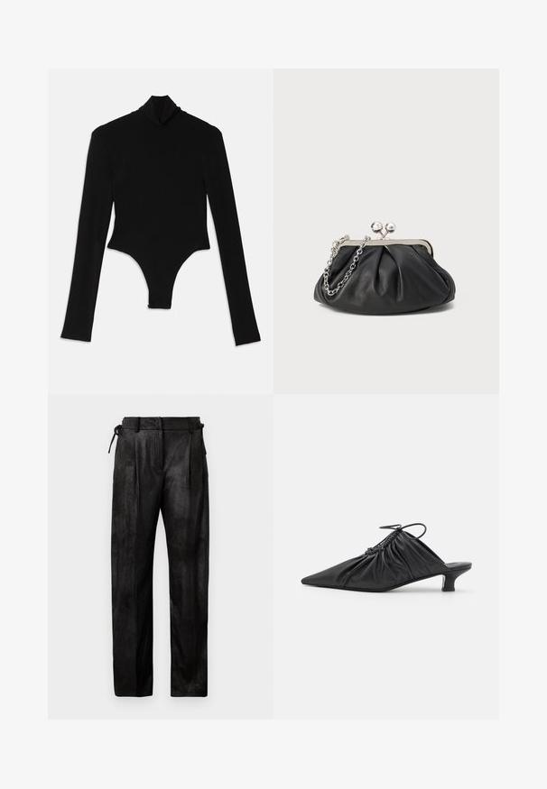 Bodysuit noir à manches longues en tissu extensible, avec un col montant et une coupe ajustée, doté d'un bas string.; Pantalons noirs taille haute en matière texturée. Présente une jambe droite, des plis et un cordon de serrage ajustable à la taille.; Mules noirs en cuir à enfiler avec un bout pointu, une texture froncée et un petit talon aiguille. Présente un détail à cordon au niveau de l'ouverture.; Porte-monnaie en cuir noir avec texture froncée, cadre en métal argenté, fermeture à verrouillage kiss-lock et bandoulière en chaîne. Surface lisse et douce.