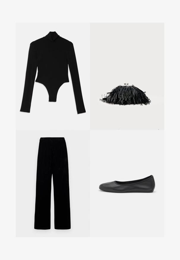 Bodysuit noir à manches longues en tissu extensible, avec un col montant et une coupe ajustée, doté d'un bas string.; Pantalons larges noirs avec taille élastique et tissu doux en velours, affichés sur un fond clair uni.; Ballerines en cuir noir avec un bout rond, texture lisse, détails de couture minimalistes et design de semelle flexible.; Pochette noire à franges avec fermoir argenté et chaîne, sur un fond clair uni.