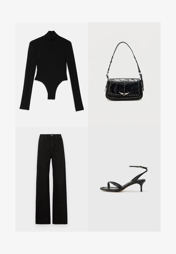 Bodysuit noir à manches longues en tissu extensible, avec un col montant et une coupe ajustée, doté d'un bas string.; Jean noir à jambes larges en tissu résistant. Doté d'une fermeture à bouton à l'avant, de passants de ceinture et de deux poches avant. Texture lisse et uniforme.; Sandale pour femme en cuir noir avec fines lanières, une boucle d'orteil, une boucle à la cheville et un talon aiguille de hauteur moyenne sur un fond neutre.; Sac à épaule en cuir noir avec des clous argentés et un emblème métallique ailé sur le rabat avant sur fond uni.