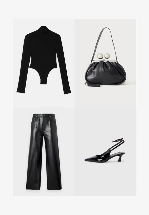 Bodysuit noir à manches longues en tissu extensible, avec un col montant et une coupe ajustée, doté d'un bas string.; Pantalon large en fausse cuir noir à taille haute avec bouton frontal, fermeture éclair et poches à l'avant et à l'arrière sur fond gris clair.; Escarpins à brides arrière en cuir verni noir, à bout pointu, avec un petit talon carré et une sangle de cheville ajustable dotée d'une boucle dorée.; Sac à main en cuir noir avec un design plissé, une sangle unique, un cadre métallique argenté et deux grandes fermoirs ronds en argent.