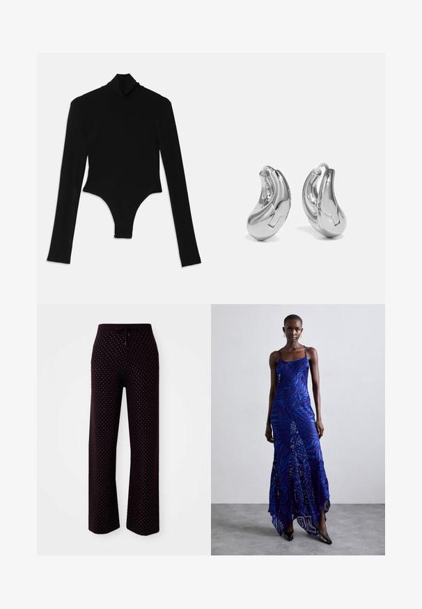 Sort langærmet bodysuit lavet af strækbart stof, med en høj mock neck og en tætsiddende design med thong bund.; Mørklilla loungbukser med snor i taljen, der har et prikket mønster med små hvide prikker, vid benudskæring og blød stoftekstur.; Blå og lilla dyreprint maxi kjole med tynde stropper, en tætsiddende bodice, flagrende kant og gennemsigtig overlay-detaljering.; Sølvøreringe med en buet, blank finish og et sømløst design. Har en hængsellukning for sikker bæring.