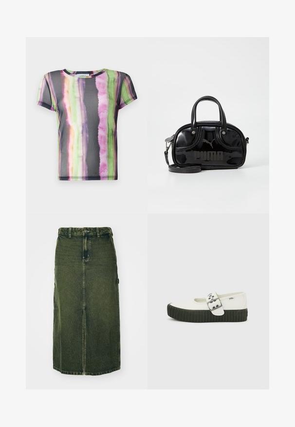 T-Shirt mit kurzen Ärmeln aus transparenter Stoff, mit einem bunten Aquarellstreifenmuster in grünen, rosa und lila Tönen.; Grünes Denim-Kleid mit mittellangem Schnitt, vorderem Schlitz, Knopfschluss und Gürtelschlaufen. Die Textur ist leicht verblasst, mit Seitentaschen.; Weißer Vans Mary Jane Schuh mit dicker schwarzer gerippter Sohle und großem silbernen Schnallenriemen vor einfachem grauem Hintergrund.; Schwarze Lacklederhandtasche mit doppelten Griffen oben, abnehmbarem Schulterriemen, runder Form und hervorgehobenem geprägten "PUMA"-Logo.