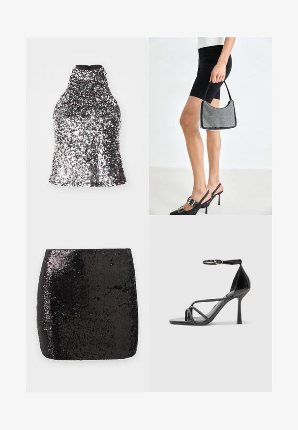 Sølvfarvet sequined halterneck-top med høj halsudskæring, tætsiddende bodice og glat indvendig stof. Har en lynlås i ryggen.; Sort palietteret mini nederdel med en tætsiddende form, glat tekstur og skinnende overflade, der reflekterer lys og skaber visuel interesse.; Sorte laklæder højhælede sandal med ankelrem, der har krydskrydsede stropper og en slank spids tå.; Sort perlehandtaske med en buet silhuet, bærehåndtag og blank overflade. Båret med højhælede sorte sko og tætsiddende sorte shorts.