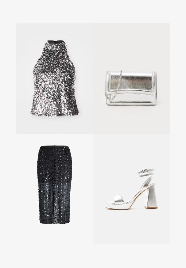 Sølvfarvet sequined halterneck-top med høj halsudskæring, tætsiddende bodice og glat indvendig stof. Har en lynlås i ryggen.; Sort midi-nederdel med gennemsigtig nedre halvdel, pyntet med sorte blomster palietter og en tætsiddende talje.; Sølv metallic højhælet sandal med ankelrem, blokhæl og åben tå på en ensartet lys baggrund.; Sølvmetallic clutchtaske med en glat overflade, klaffelukning og kædestropp. Har et struktureret rektangulært design og syninger som detaljer.