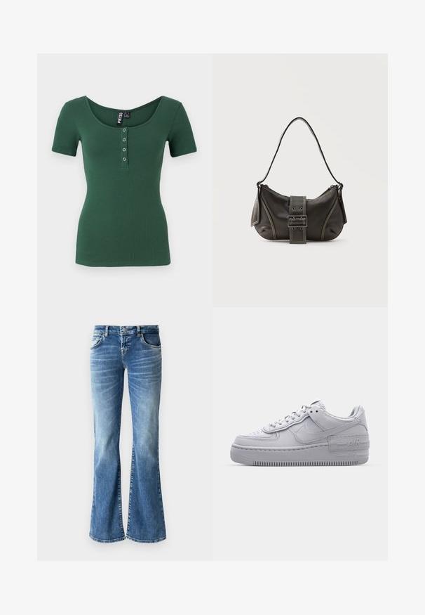 Ribbede, kortærmede top i mørkegrøn med en rund halsudskæring. Har en knaplukning foran med sølvfarvede trykknapper. Blød tekstur.; Lyseblå denim flare jeans med en falmet vask, fem lommer, syede detaljer og en lynlås med en knaplukning.; Grå Nike Air Force 1 sneakers med perforeret tå, glat læderoverdel, tyk sål og præget 'AIR' detalje på hælen.; Sort læder skuldertaske med spænde på remmen, afrundede kanter og kontrasterende hvide syninger på en ensfarvet baggrund.