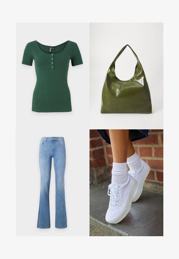 Geribbelde top met korte mouwen in donkergroen met een ronde hals. Voorzien van een knoopsluiting met zilverkleurige drukknoopjes. Zachte textuur.; Lichtblauwe flare jeans met een halfhoge taille, klassieke vijf-pocket stijl en subtiele vervaging langs de benen. Denim stofstructuur.; Witte canvas sneakers met rubberen zolen, voorzien van zes vetertjes, een ronde neus en lichte stikdetails, gecombineerd met witte enkelsokken.; Groene leren hobotas met een slordig ontwerp, gebogen handvat en een gladde textuur. Bevat geen zichtbare hardware of accenten.