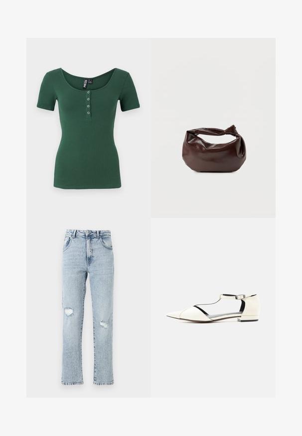 Ribbede, kortærmede top i mørkegrøn med en rund halsudskæring. Har en knaplukning foran med sølvfarvede trykknapper. Blød tekstur.; Lysblå denimjeans med en afslappet pasform, der har to knærevner, fem lommer og en frynset kant. Knap- og lynlåslukning.; Hvid flad sko med spids tå, T-rem og ankelspænde, lav hæl og udskårne sider, vist på en neutral baggrund.; Mørkebrun læder skuldertaske med en blød, afslappet form og et snoet knudehåndtag på en ensartet hvid baggrund.