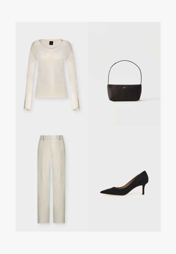 Pull crème à manches longues avec encolure dégagée et détails de boutons aux poignets, avec une petite étiquette noire au col.; Pantalon beige taille haute à jambes droites, avec passants de ceinture et plis à l'avant, présenté sur fond blanc.; Escarpin en daim noir à bout pointu avec un talon stiletto fin de hauteur moyenne et un design à coupe basse sur un fond uni.; Sac à main noir tissé texturé avec une seule bandoulière et un petit logo doré "BOSS" au centre devant.