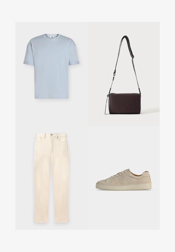 T-shirt bleu clair à manches courtes et col rond avec une petite étiquette de marque à l'intérieur du col, présenté sur un fond blanc uni.; Jean droit de couleur crème avec bouton et fermeture éclair à l'avant, poches avant et arrière, et passants pour ceinture, présenté sur un fond uni.; Baskets basses beiges en daim avec fermeture lacée et semelle épaisse en caoutchouc, vues de profil sur fond blanc uni.; Sac bandoulière en cuir marron foncé texturé avec une sangle réglable et un petit accent décoratif bleu sur le côté.