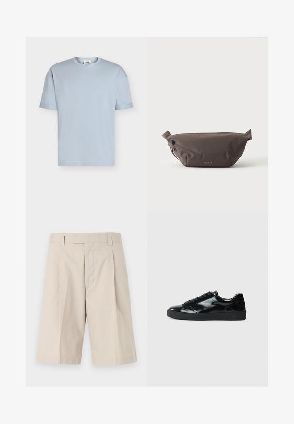 T-shirt bleu clair à manches courtes et col rond avec une petite étiquette de marque à l'intérieur du col, présenté sur un fond blanc uni.; Shorts beige arrivant aux genoux avec passants pour ceinture, braguette zippée à l'avant et un pli sur chaque jambe.; Baskets en cuir verni noir avec un bout arrondi, un laçage, une semelle en caoutchouc texturé et une finition lisse.; Sac banane en tissu marron foncé avec poche zippée en diagonale et petit logo blanc sur le devant, sur un fond clair uni.