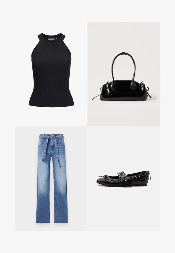 Débardeur noir côtelé avec un col haut et un design sans manches. Présente une coupe ajustée et un tissu extensible. Étiquette de marque verte à l'intérieur.; Pantalon taille haute en denim bleu clair avec une coupe large, doté d'une ceinture à nouer à la taille et d'un effet délavé.; Chaussure de ballet plate noire avec doubles brides à boucle, œillets argentés et petit nœud près de l’orteil arrondi sur fond blanc.; Petit sac à main noir brillant avec deux longues anses et des détails à cordon sur les côtés sur un fond clair uni.