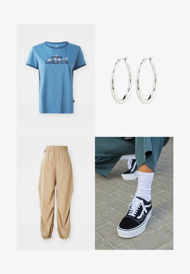 Modrá bavlnená tričko s krátkymi rukávmi, námorníckym lemovaním, s nápisom "new balance" a kvetinovými vzormi v bielej a žltej farbe na prednej strane.; Bežové ľahké nohavice s elastickým pásom, zúženými manžetami a hladkou textúrou, s voľným strihom a bez viditeľných vzorov alebo ozdôb.; Čierne semišové tenisky s bielymi akcentmi a šnúrkami, s hrubou bielou podrážkou a kontrastným prešívaním, doplnené o bielu ponožku.; Strieborné kruhové náušnice s hladkým, lesklým povrchom. Obľúbený tvar, vybavené bezpečným zapínaním. Jednoduchý a elegantný dizajn.