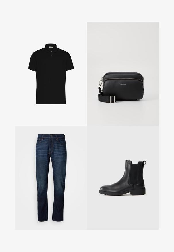 Sort polo med korte ærmer, to knapper og en krave, med en lille logo på brystet.; Mørkeblå lige ben jeans med falmede horisontale linjer på lårene, lukkes med knap foran og klassisk fem-lomme design.; Sort læder ankelstøvle med elastiske sidepaneler, træksnor ved hælen og lav bloksål mod en ensfarvet baggrund.; Sort læder crossbody taske med to lynlåslommer, struktureret overflade, justerbar rem og sølvhardware detaljer. Calvin Klein-logoet er vist.