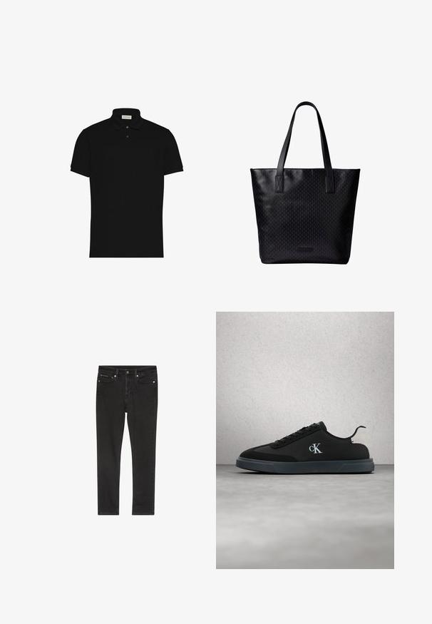 Schwarzes Polo mit kurzen Ärmeln, zwei Knöpfen und einem Kragen, mit kleinem Logo auf der Brust.; Schwarze Denim-Jeans mit schmaler Passform, ausgestattet mit vier Taschen, einem Metallknopfverschluss und leichten Used-Details. Glatte Textur und klassisches Design.; Schwarzer Calvin Klein Sneaker in niedriger Ausführung mit weißem "cK" Logo an der Seite und hellgrauem Fersenlasche, schwebend über einem reflektierenden grauen Boden dargestellt.; Schwarze Tragetasche mit zwei langen Griffen, dezentes geometrisches Muster, rechteckige Form und kleinem Markenlabel nahe der unteren Mitte.