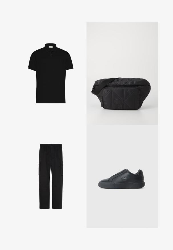 Sort polo med korte ærmer, to knapper og en krave, med en lille logo på brystet.; Sorte straight-leg cargobukser med elastisk talje, knaplukning og to klaplommer på siderne.; Sorte lædersneakers har en rund tå, flad sål og snørebåndsdesign. Bemærkelsesværdige detaljer inkluderer et diskret logo på siden.; Sort quiltet skuldertaske med en lynlåslomme foran, justerbar rem og geometrisk mønster syet ind i stoffet.